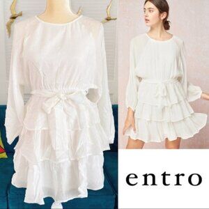 Entro | Elizabeth Tiered Puff Bubble Sleeve Dress White Layered Bohemian Small